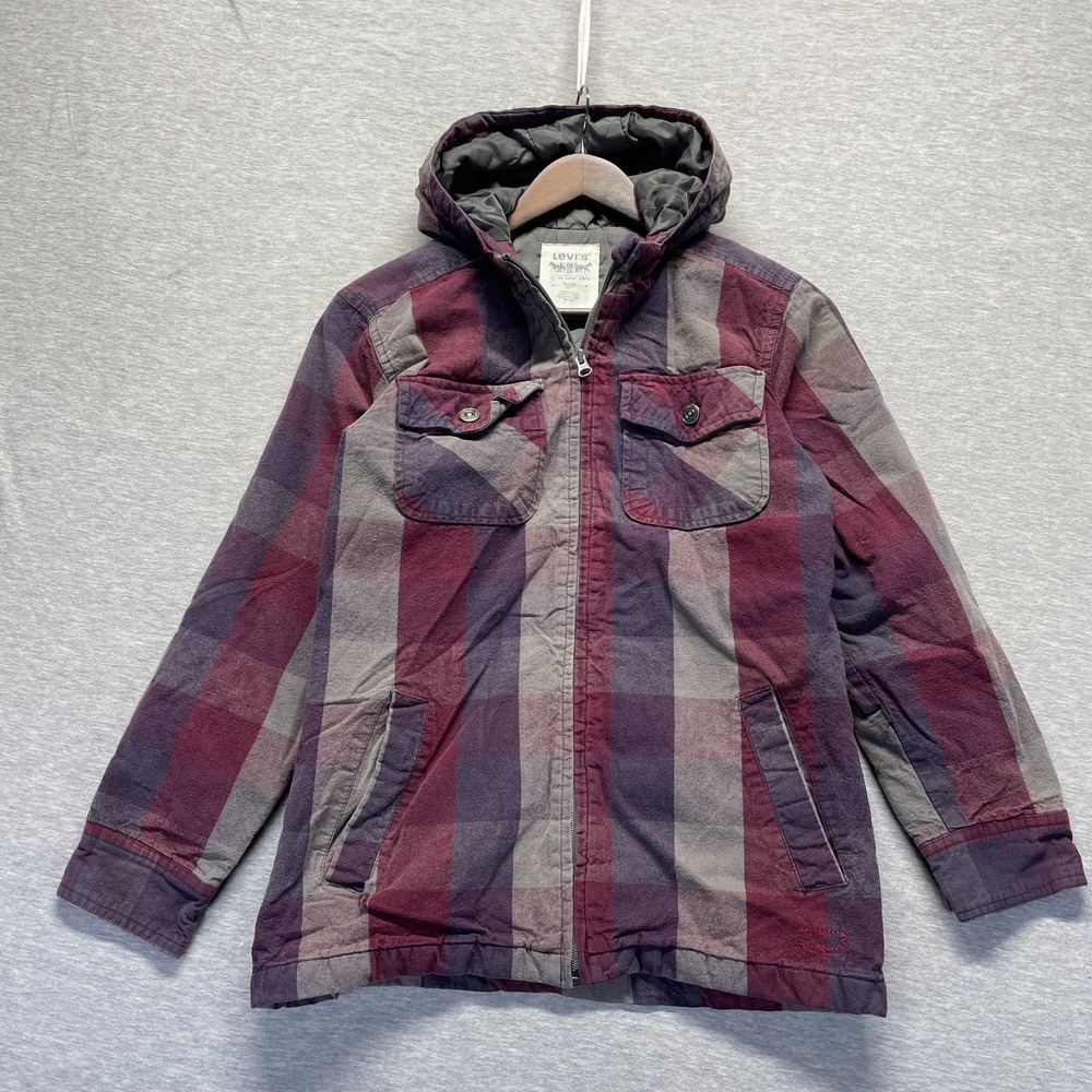 VTG Levi's Flannel Jacket Youth Kids M 12/14 Multi Plaid Cotton Hooded Full Zip